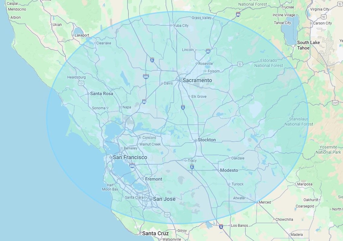 Map of California's central valley, with a blue circular area centered around the service ar