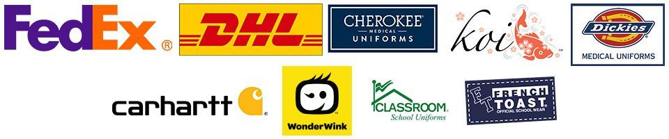 FedEx Shipping, DHL Shipping,  Cherokee Scrubs, KOI Scrubs, Dickies Scrubs, Carhartt Scrubs, Wonderwink scrubs, Classroom Uniforms, and French Toast Uniforms logos