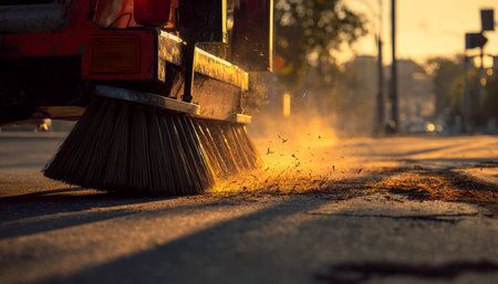 Street sweeper brush clearing dust at sunset, with warm light and debris on the pavement
