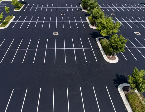 Empty asphalt parking lot with white lines and a row of small green trees along the edge
