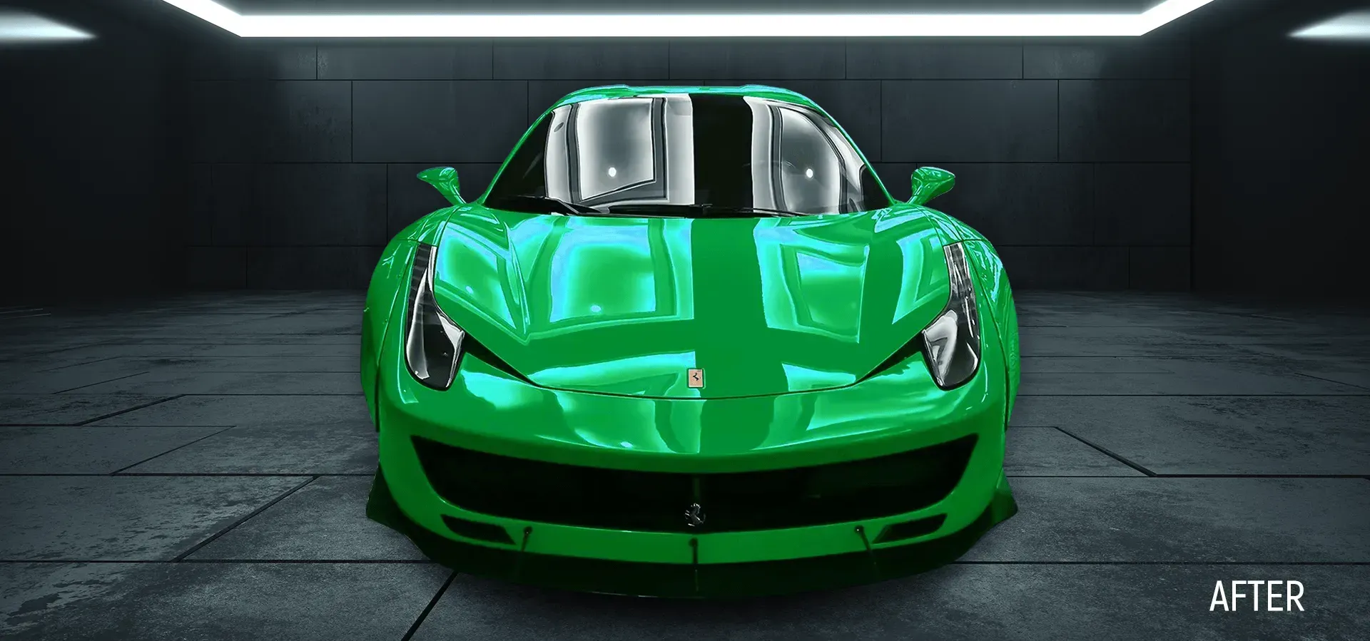 Green sports car in a dark garage with 