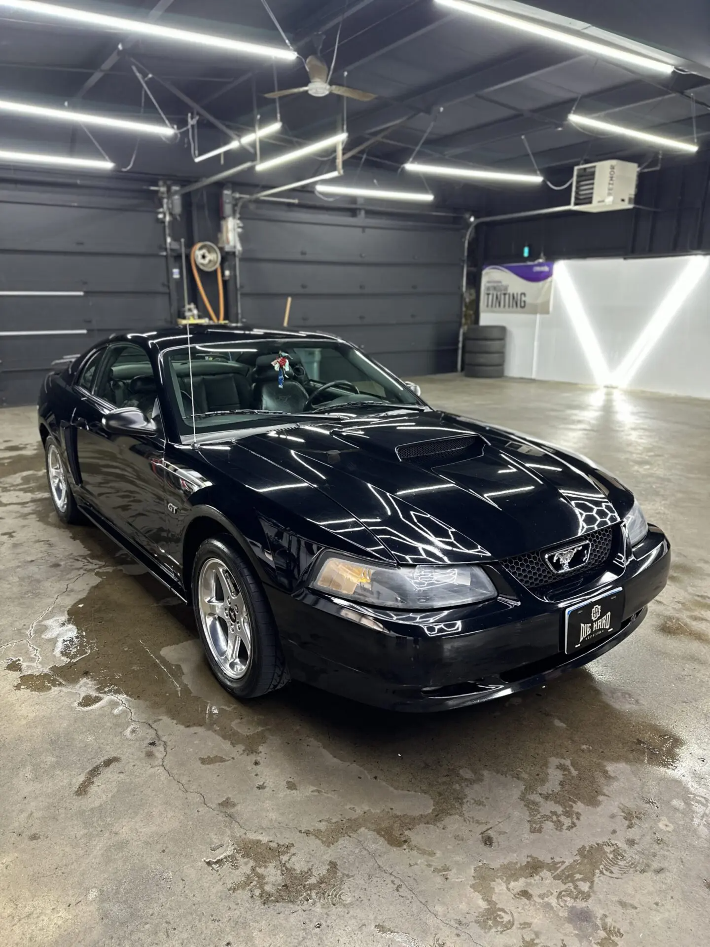 Black Ford Mustang sports car parked in a garage, shiny paint, chrome wheels.