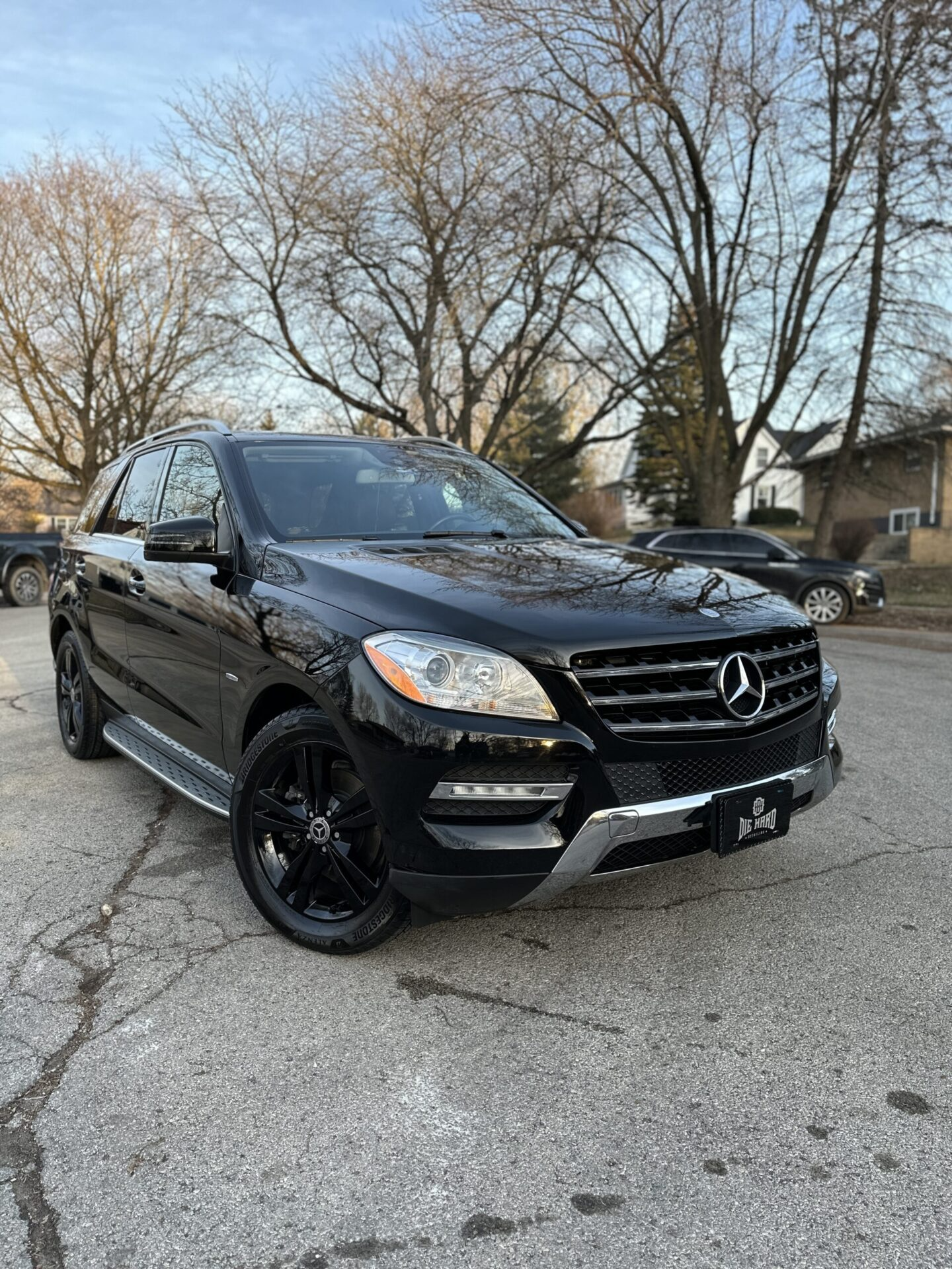 Black Mercedes-Benz ML SUV parked on a cracked street, with trees in the background.