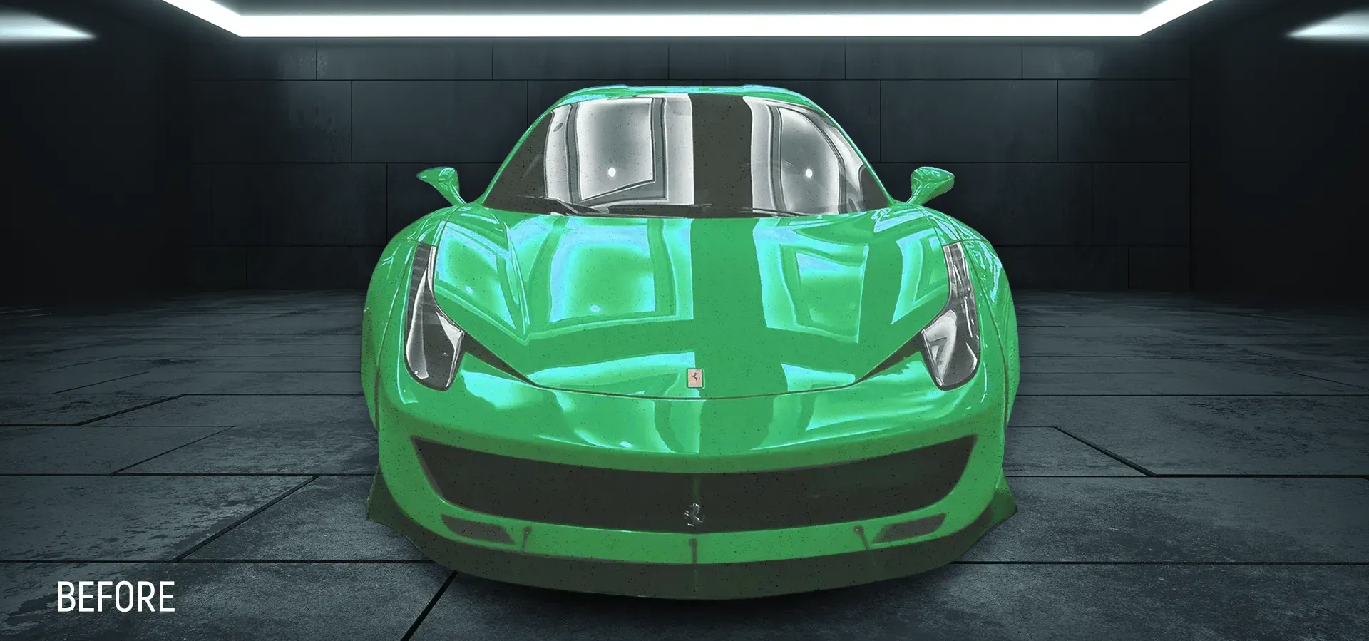 Green sports car in a garage with the word 