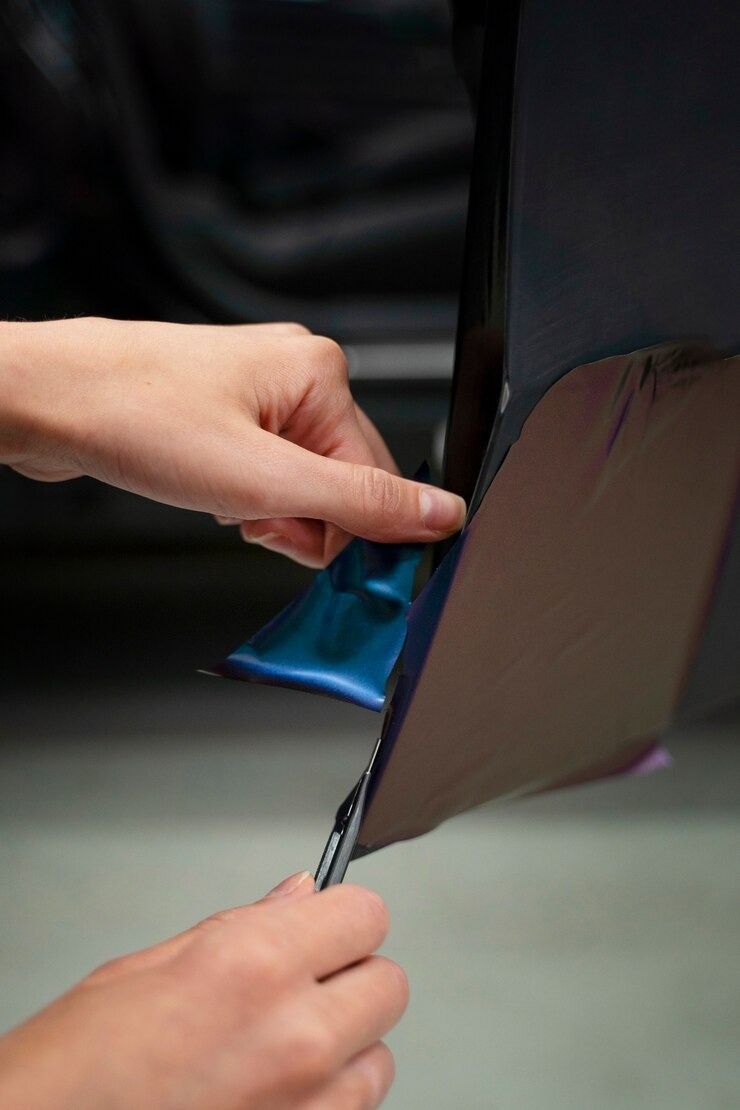 Hands peeling blue car wrap from a vehicle's side panel.