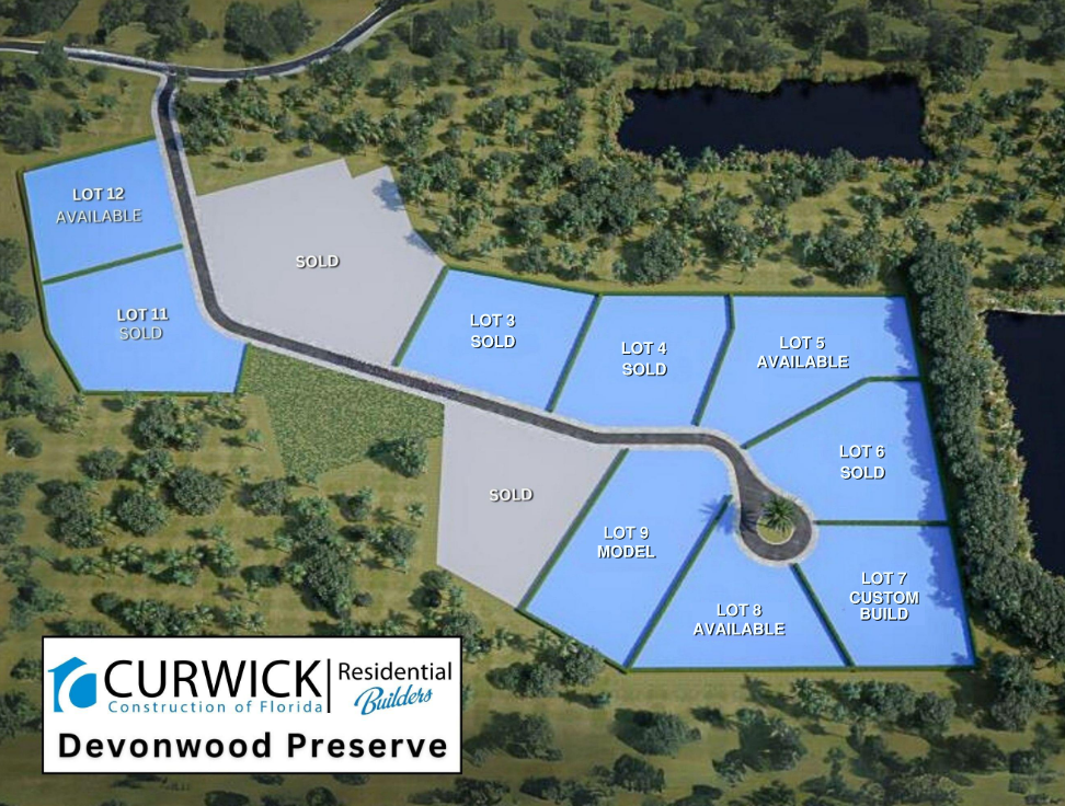 Map of Curwick National Forest Devonwood Preserve with outlined lots and roads around a pond