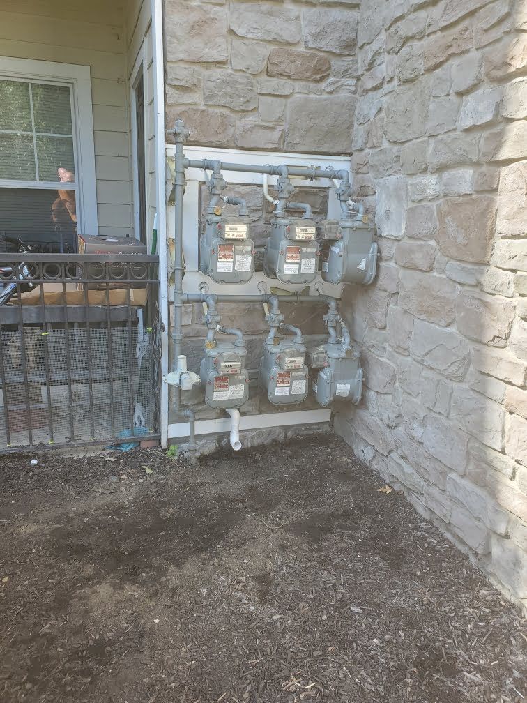 Outdoor gas meter bank mounted on a stone wall beside a house entrance.