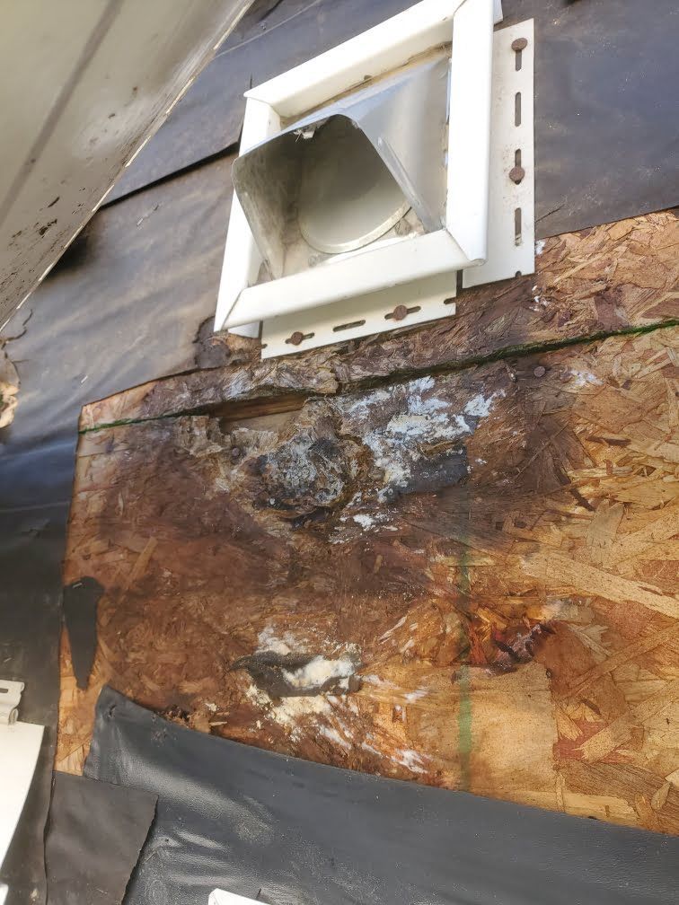 Damaged wall with a white vent and peeling, water-stained insulation and drywall