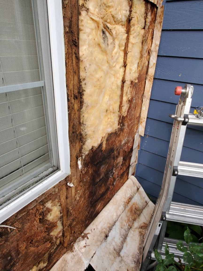 Severely rotted wood siding and framing on an exterior wall beside a window and railing