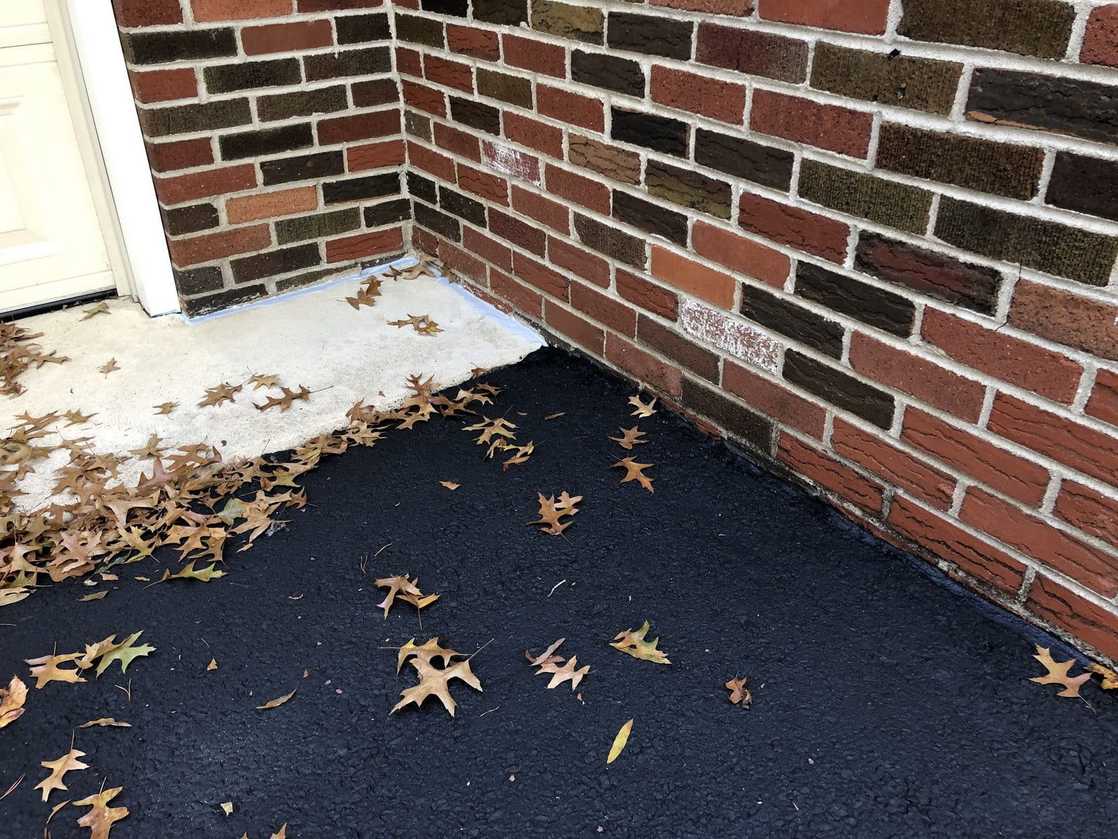 Leaves scattered on a dark porch beside a brick wall and white doorway over fallen snow.