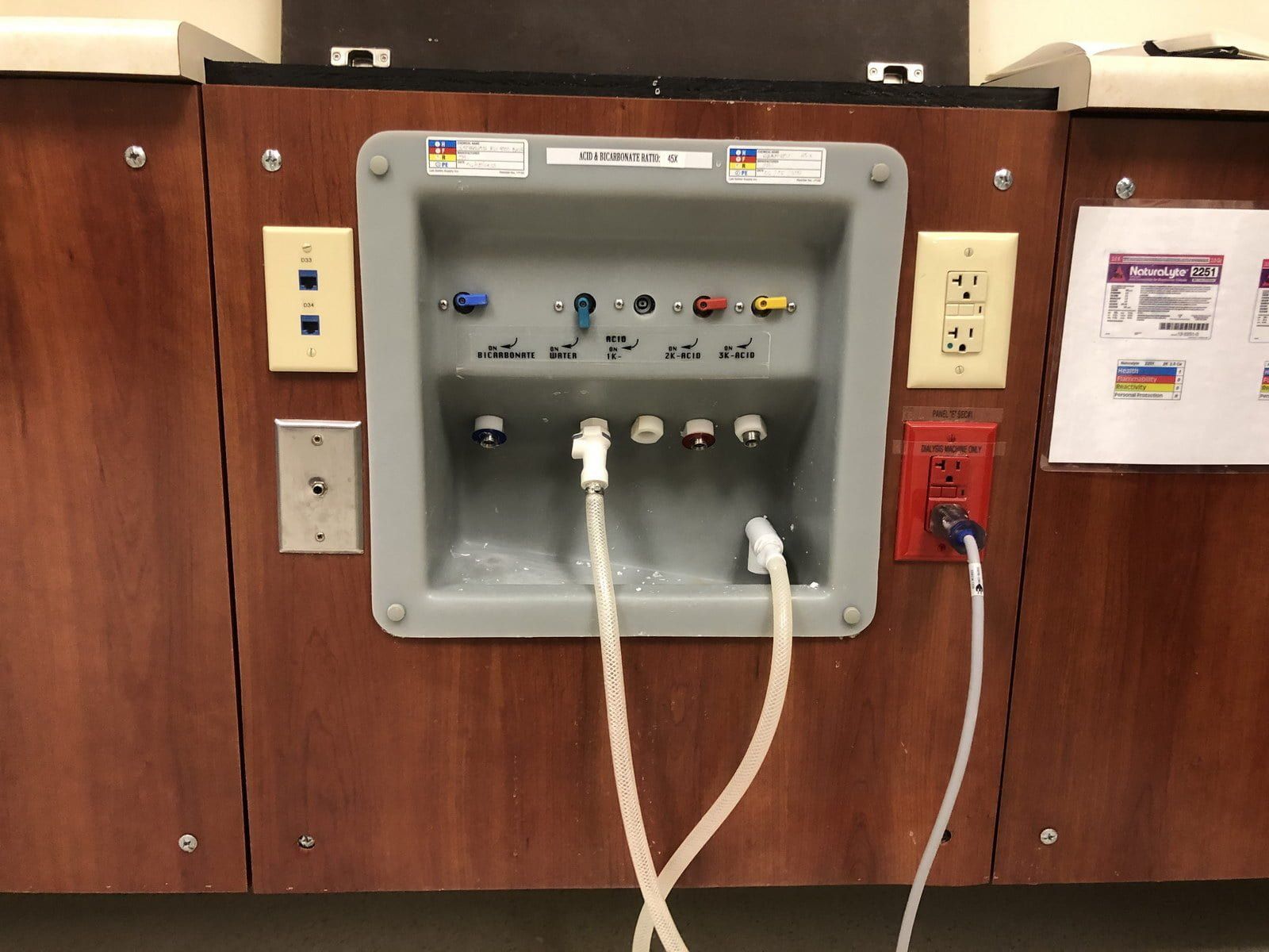 Electrical wall panel with colored indicator lights and hanging cables in a wood-paneled room