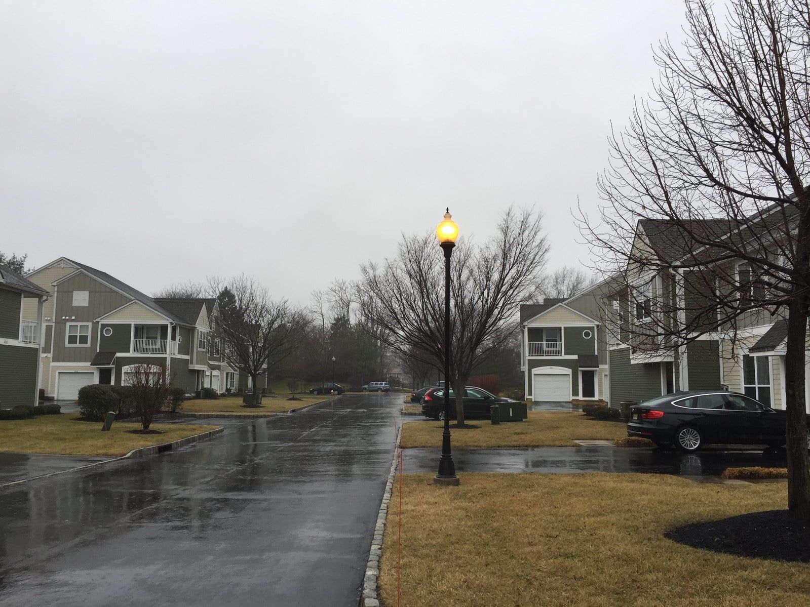 Rainy suburban street with wet pavement, houses, bare trees, and a lit streetlamp