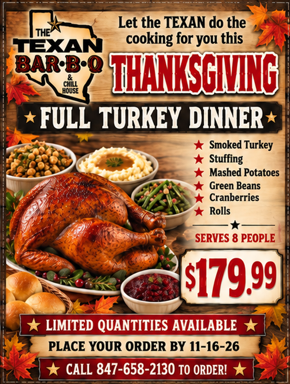 Texan Bar-B-Q Thanksgiving full turkey dinner ad with sides, serving 8, $179.99.