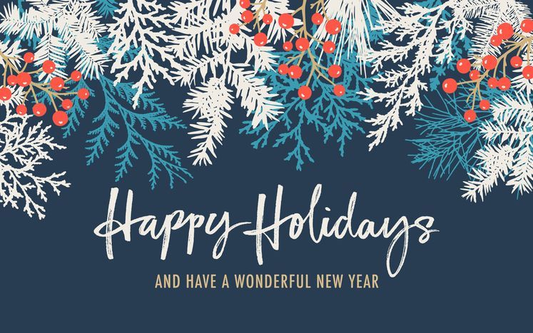 Happy Holidays card with white and teal foliage, red berries, and text on a dark blue background.