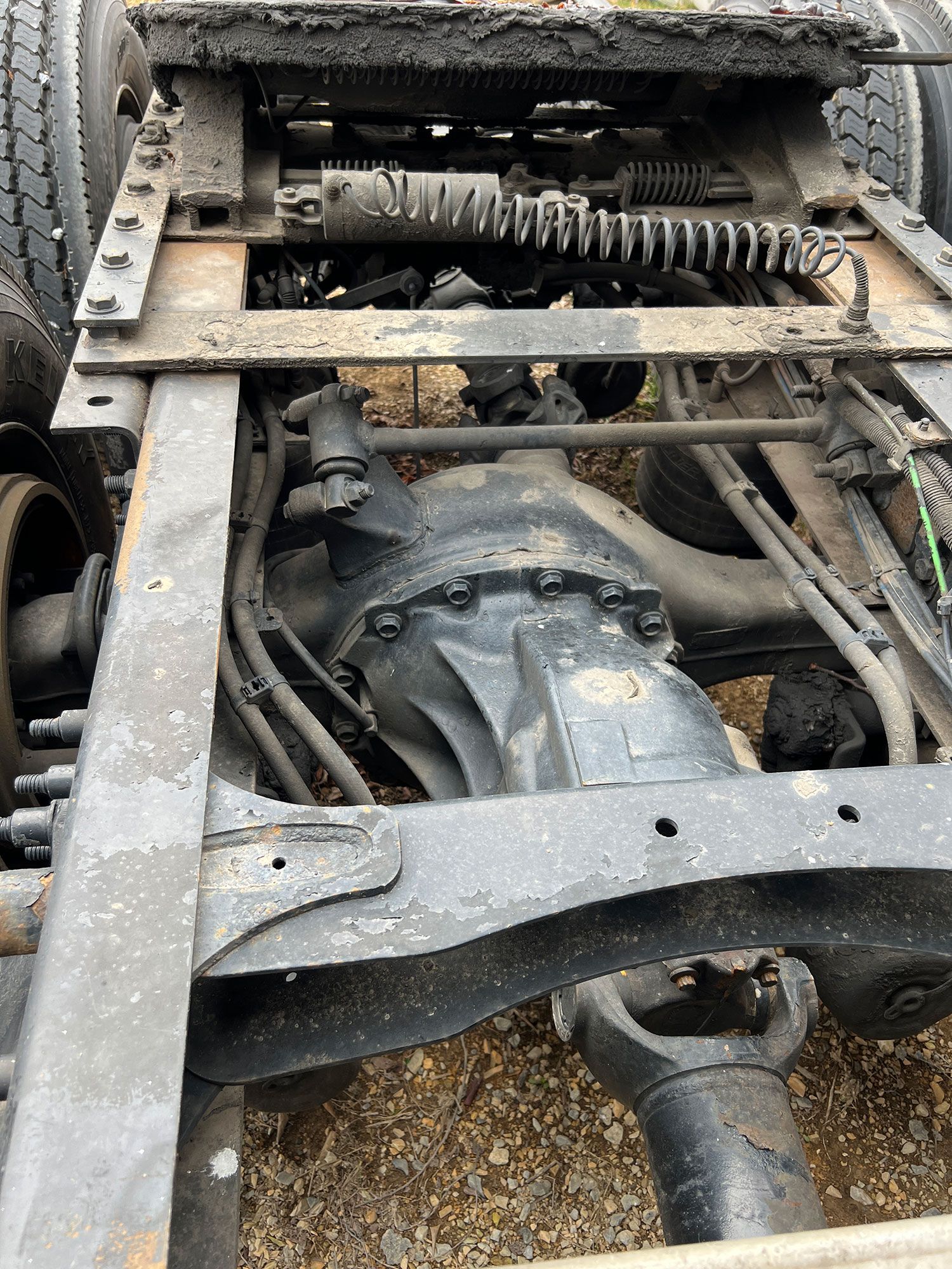 A close up of the underside of a truck 