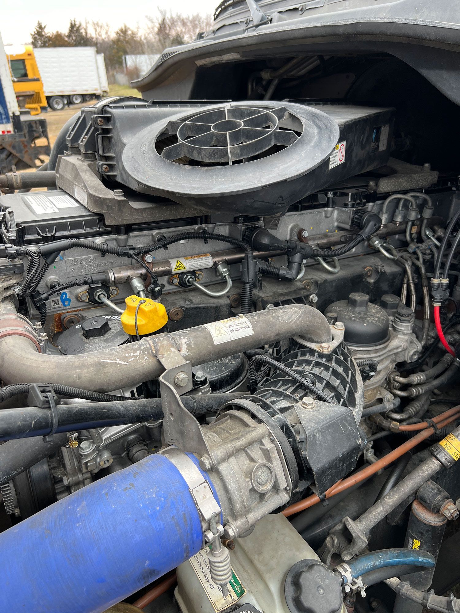 A close up of the engine of a truck