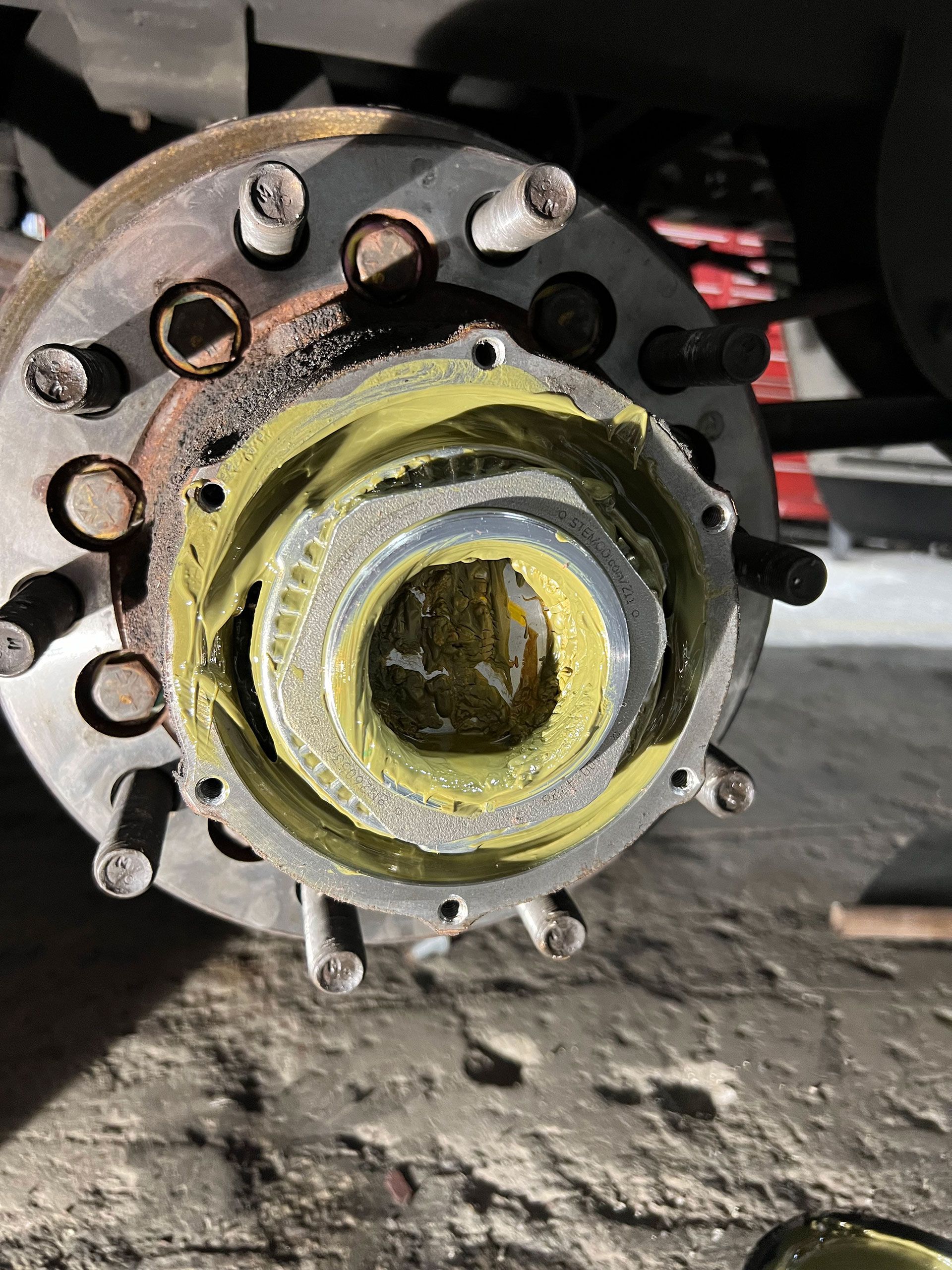 A close up of a wheel hub