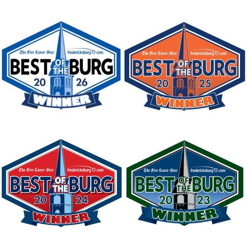 Four “Best of the Burg” winner badges in blue, orange, red, and green designs.