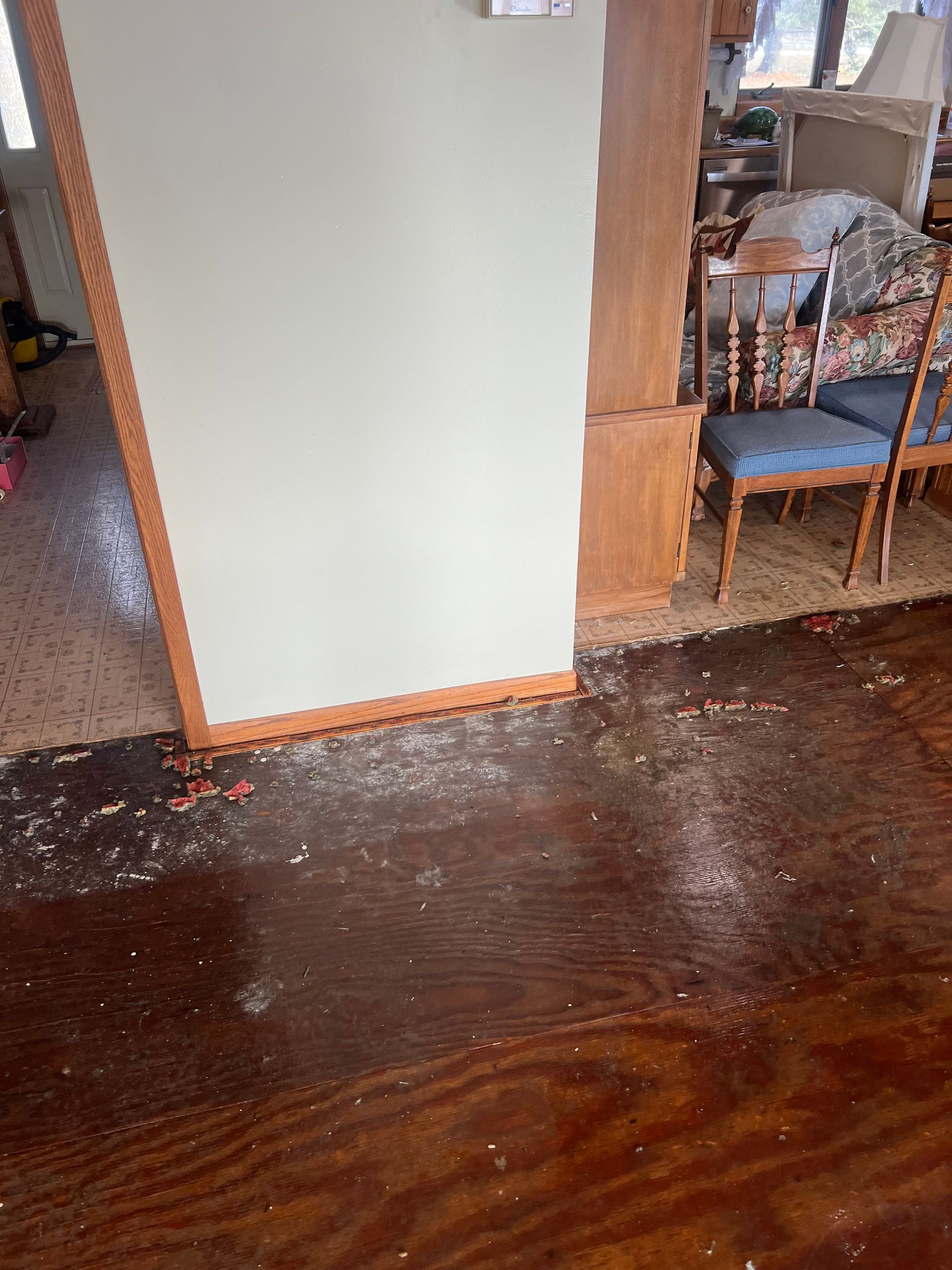 Dark, water-damaged wood floor with white debris. Tan wall and wood trim, visible interior with chairs.