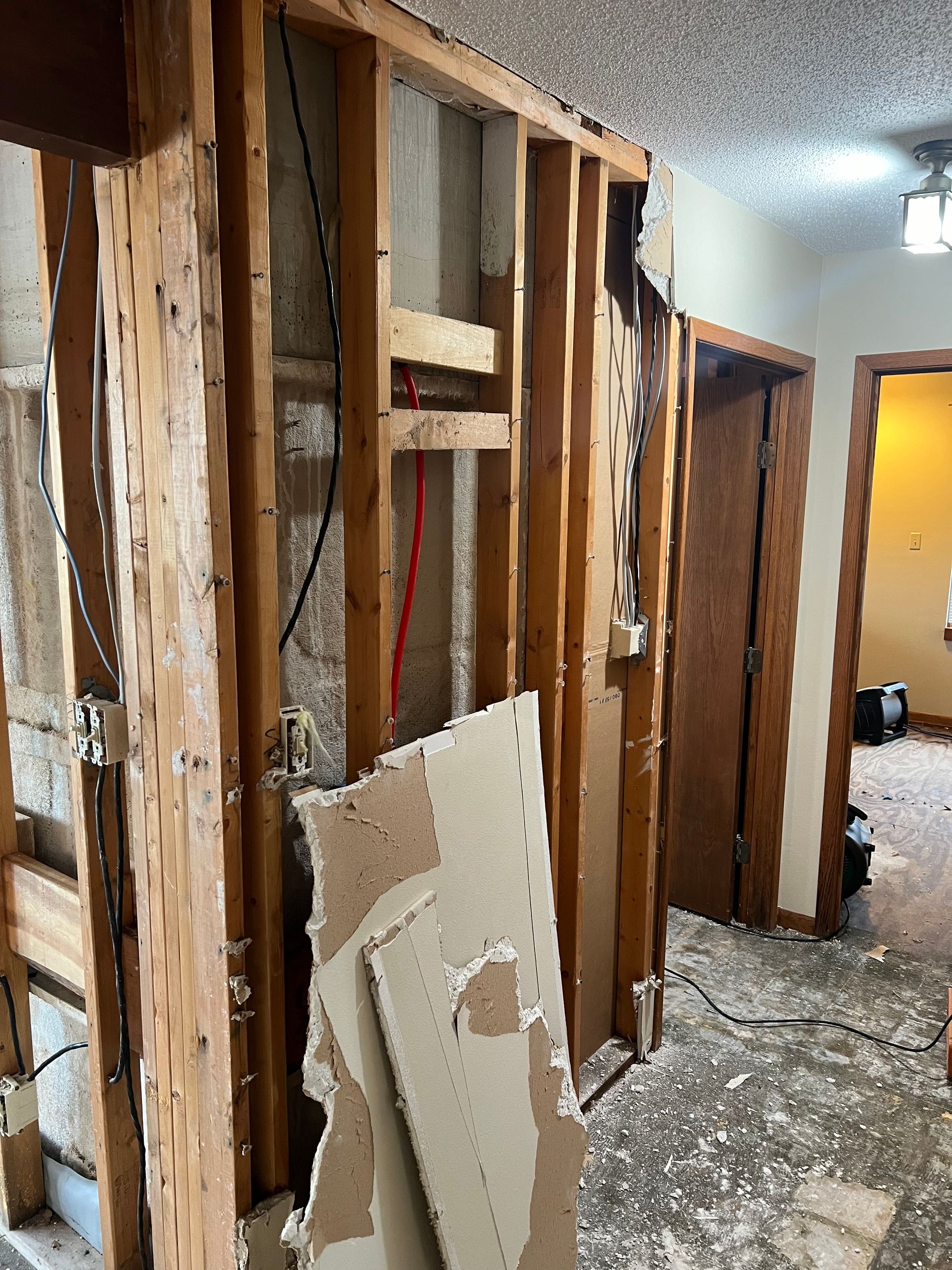 Interior wall with exposed studs, insulation, and debris.  A doorway and hallway are visible.