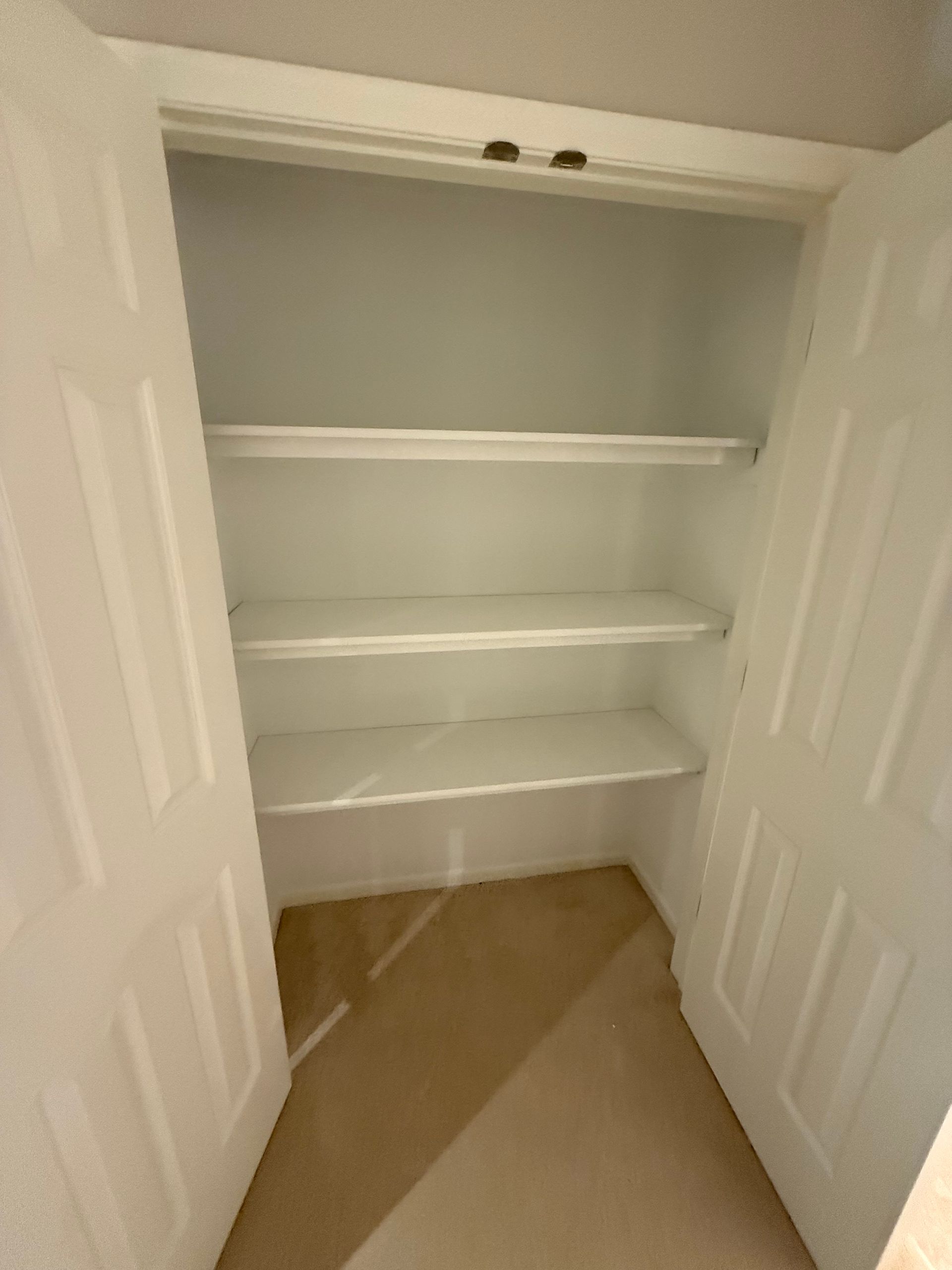 White closet interior with three shelves and open doors. Tan carpet.