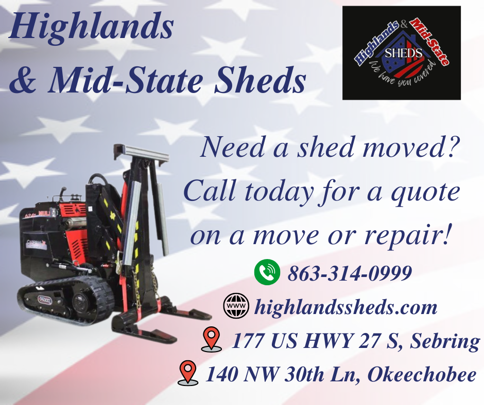 An advertisement for highlands and mid-state sheds
