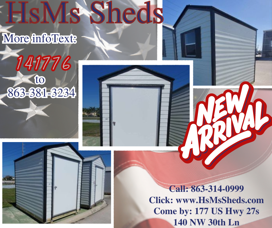 An advertisement for hsms sheds that says new arrival