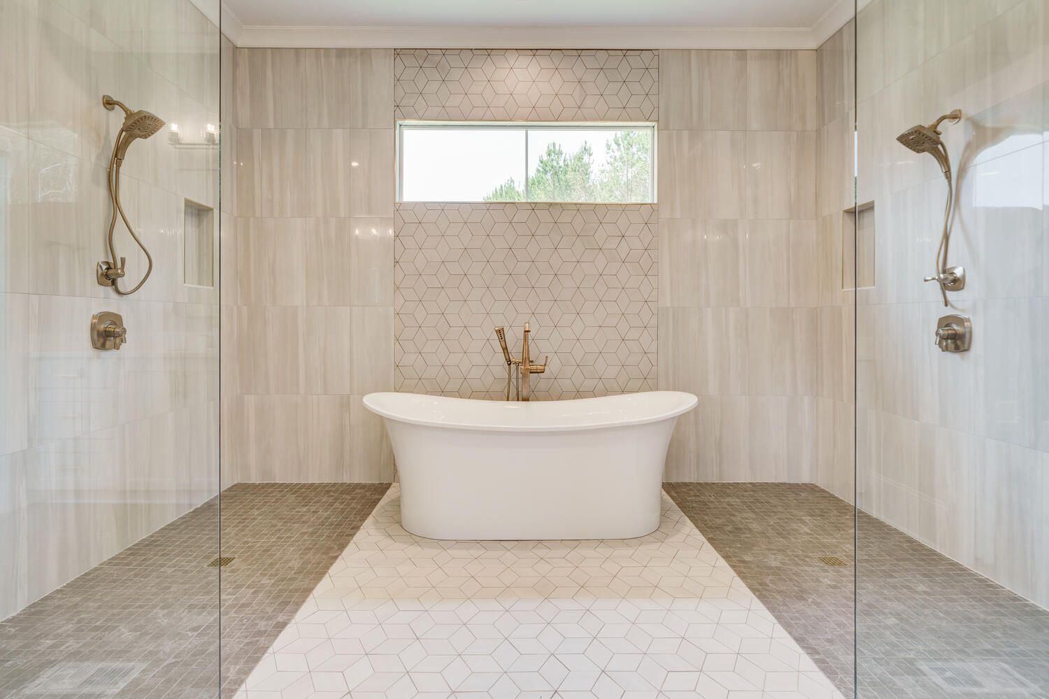 There is a bathtub in the middle of the bathroom.