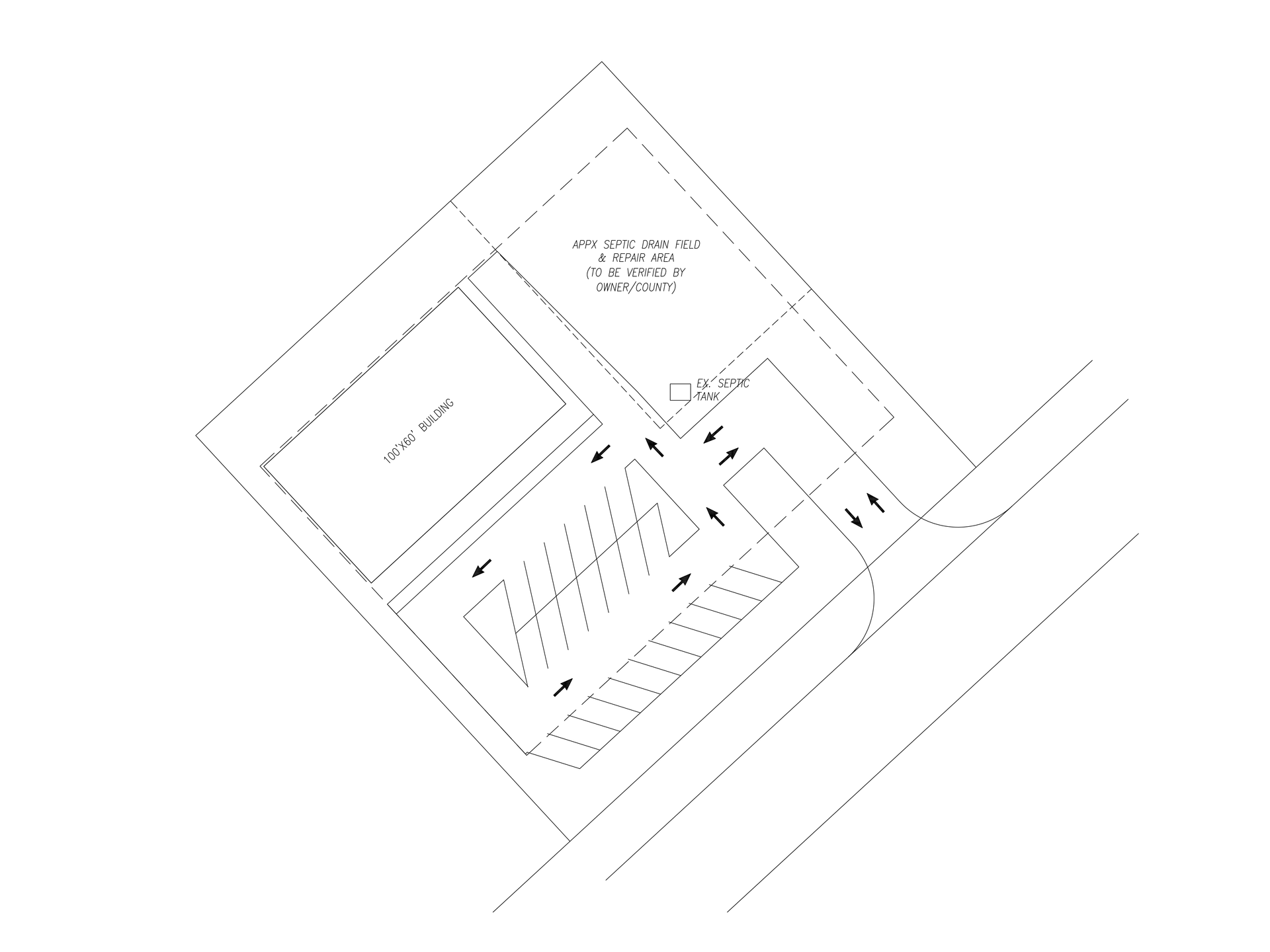 A black and white drawing of a parking lot