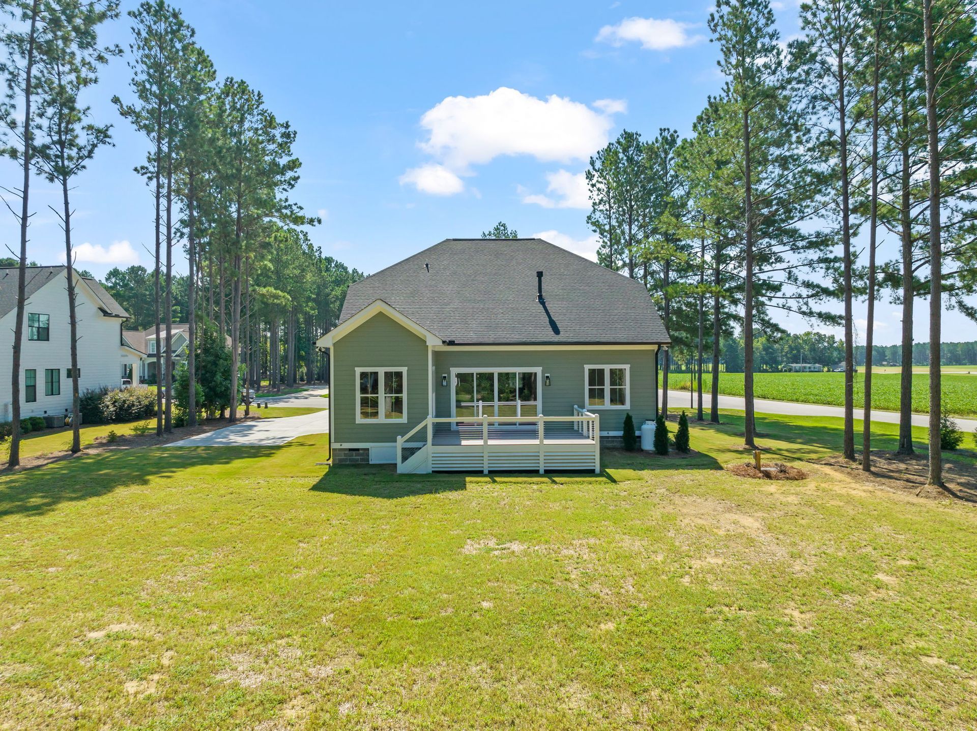 A green house with a white deck sits in a grassy yard, framed by tall pine trees. Bright sky and farmland in the distance.