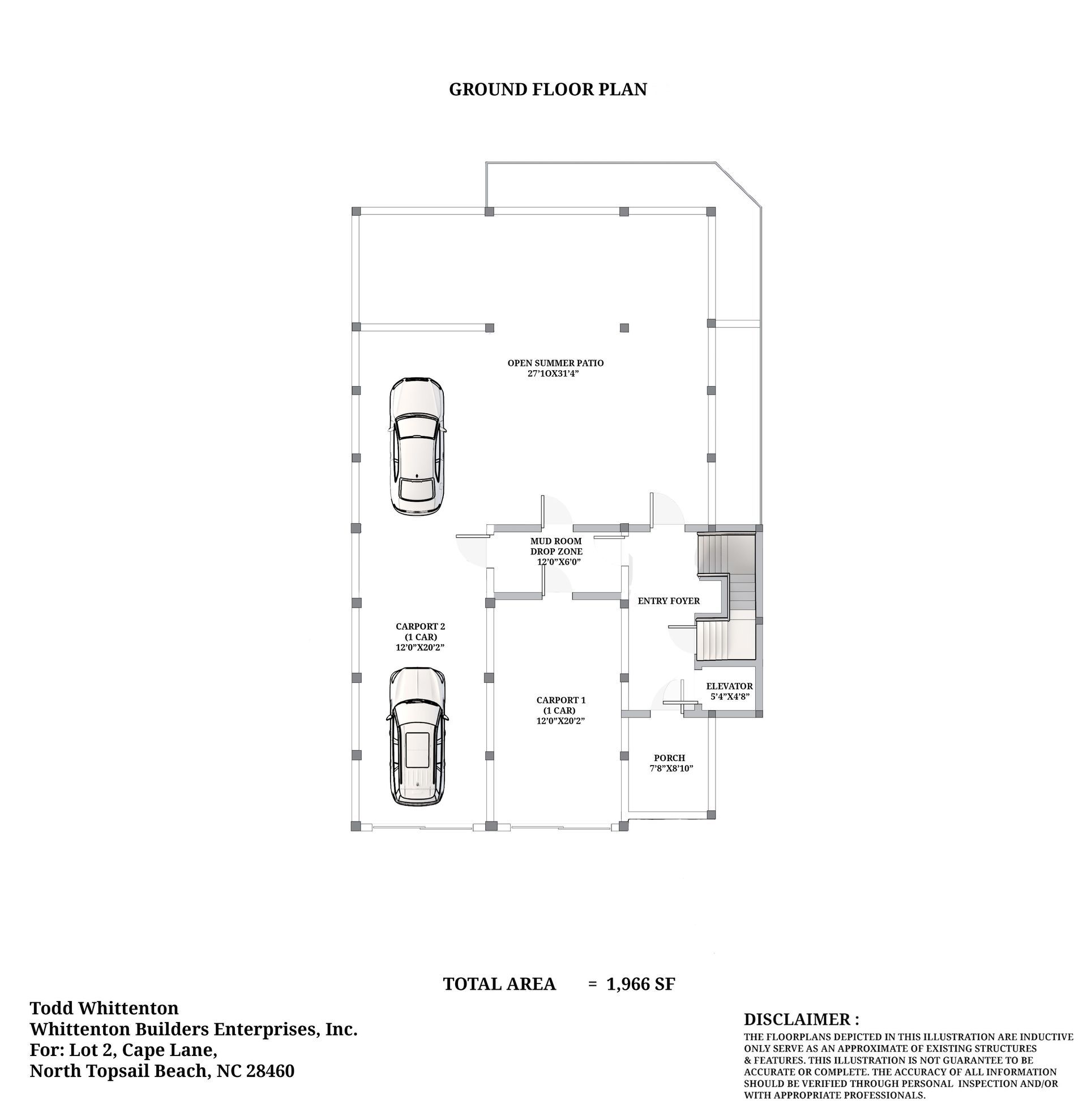 A floor plan of a house with two cars parked in the garage.