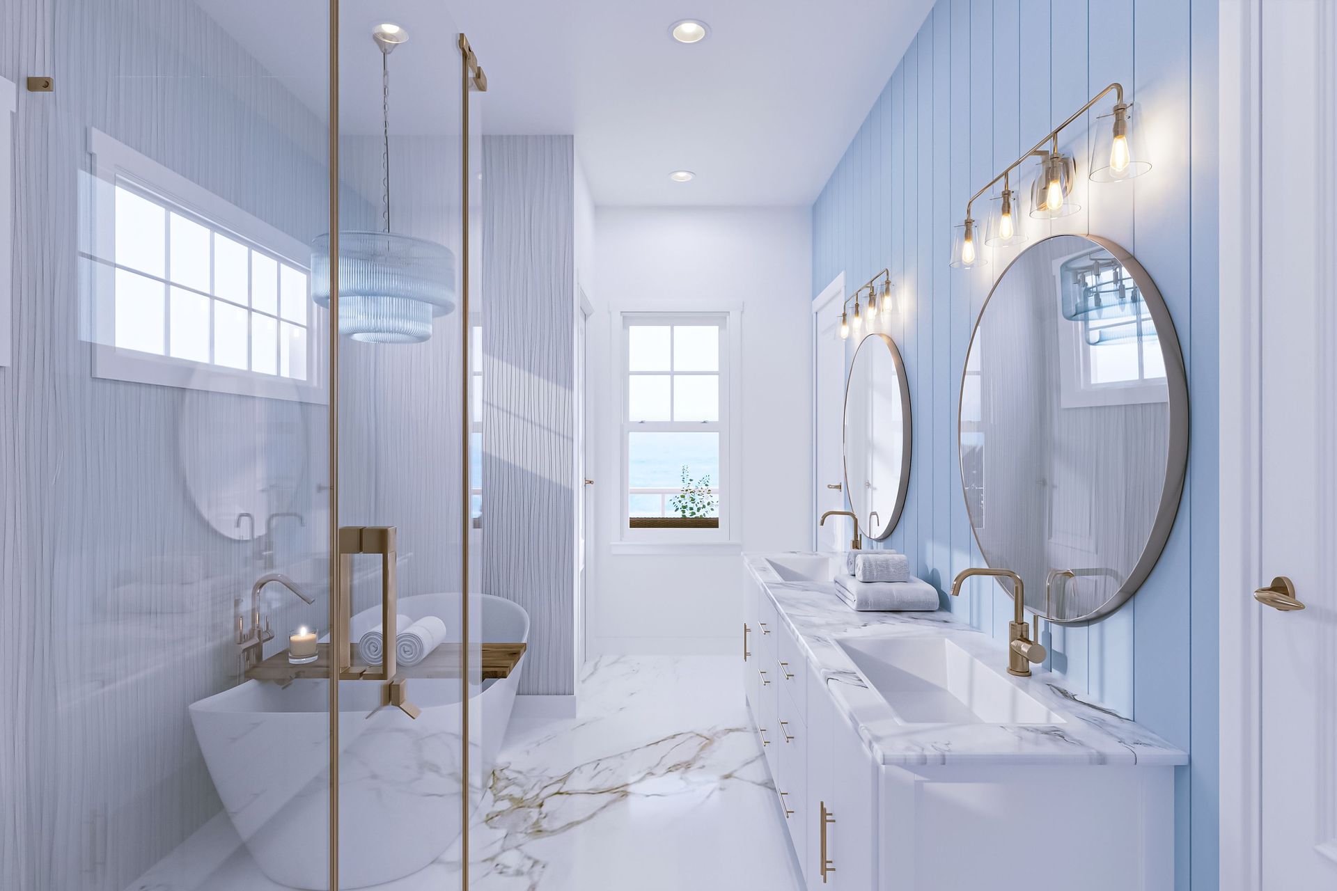 A bathroom with two sinks, a tub, a shower, and a window.