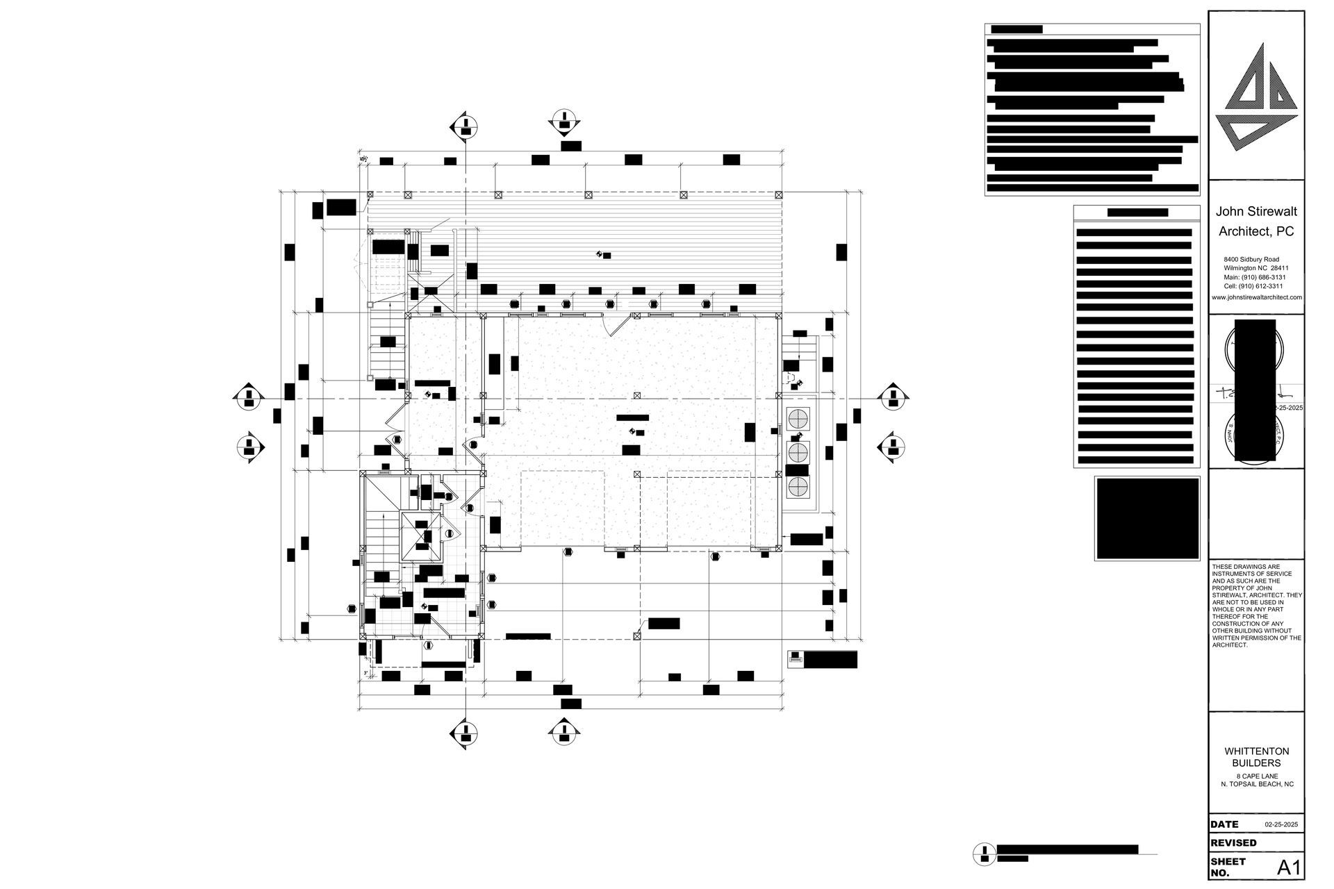 Architectural floor plan, black and white, of a building with labeled rooms and dimensions, with a title block in the corner.