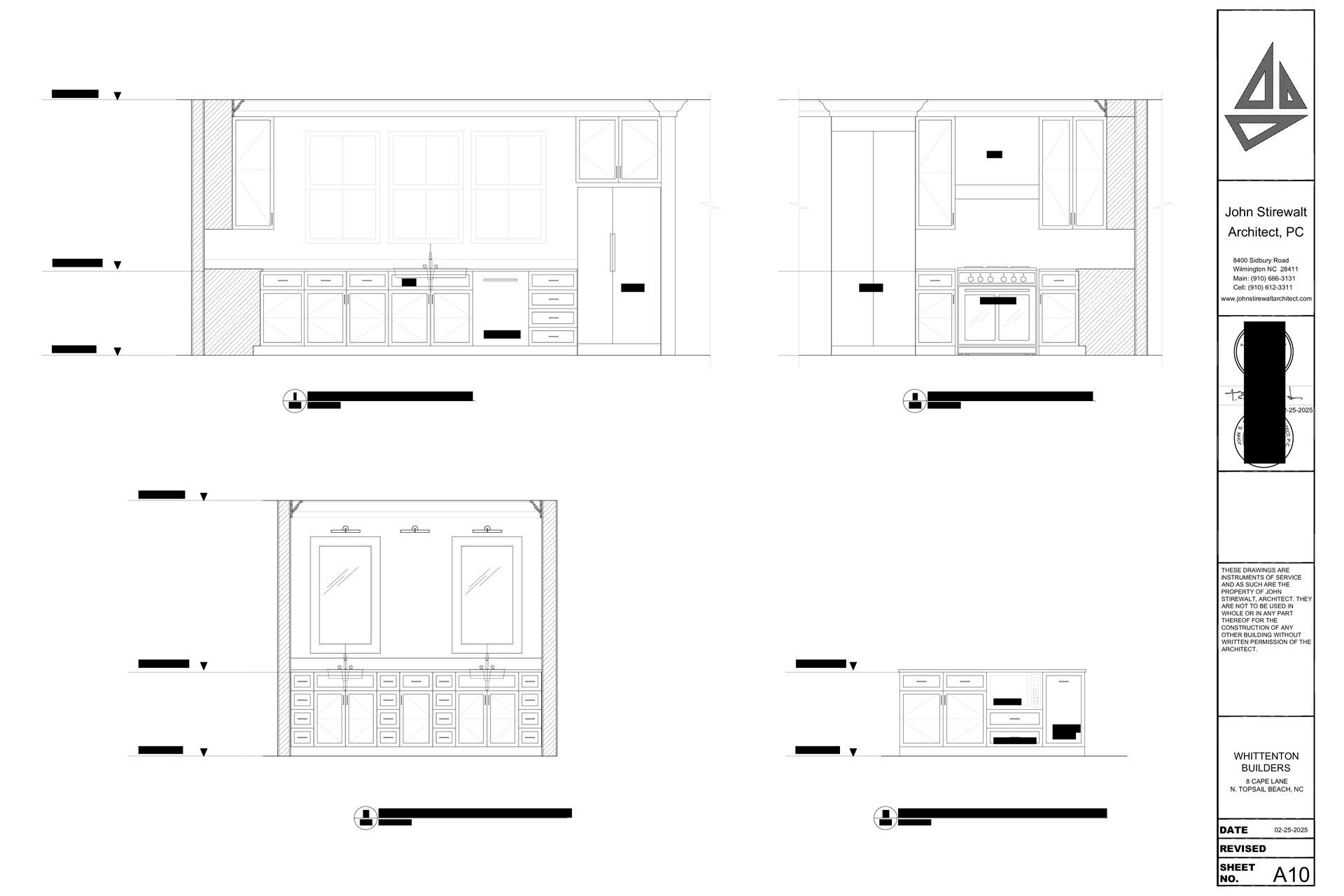 Architectural drawings of a kitchen, including cabinet details and elevations, on a white sheet.