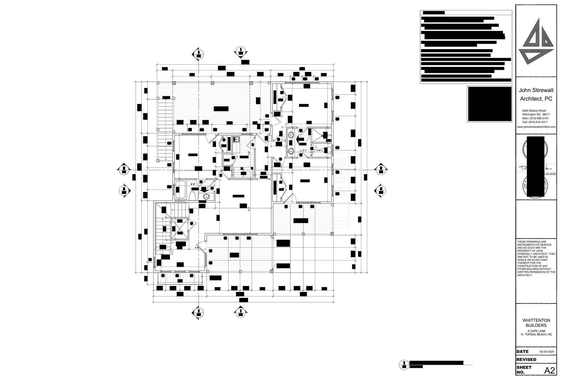 Architectural floor plan of a building with various rooms, doors, windows, and labels.