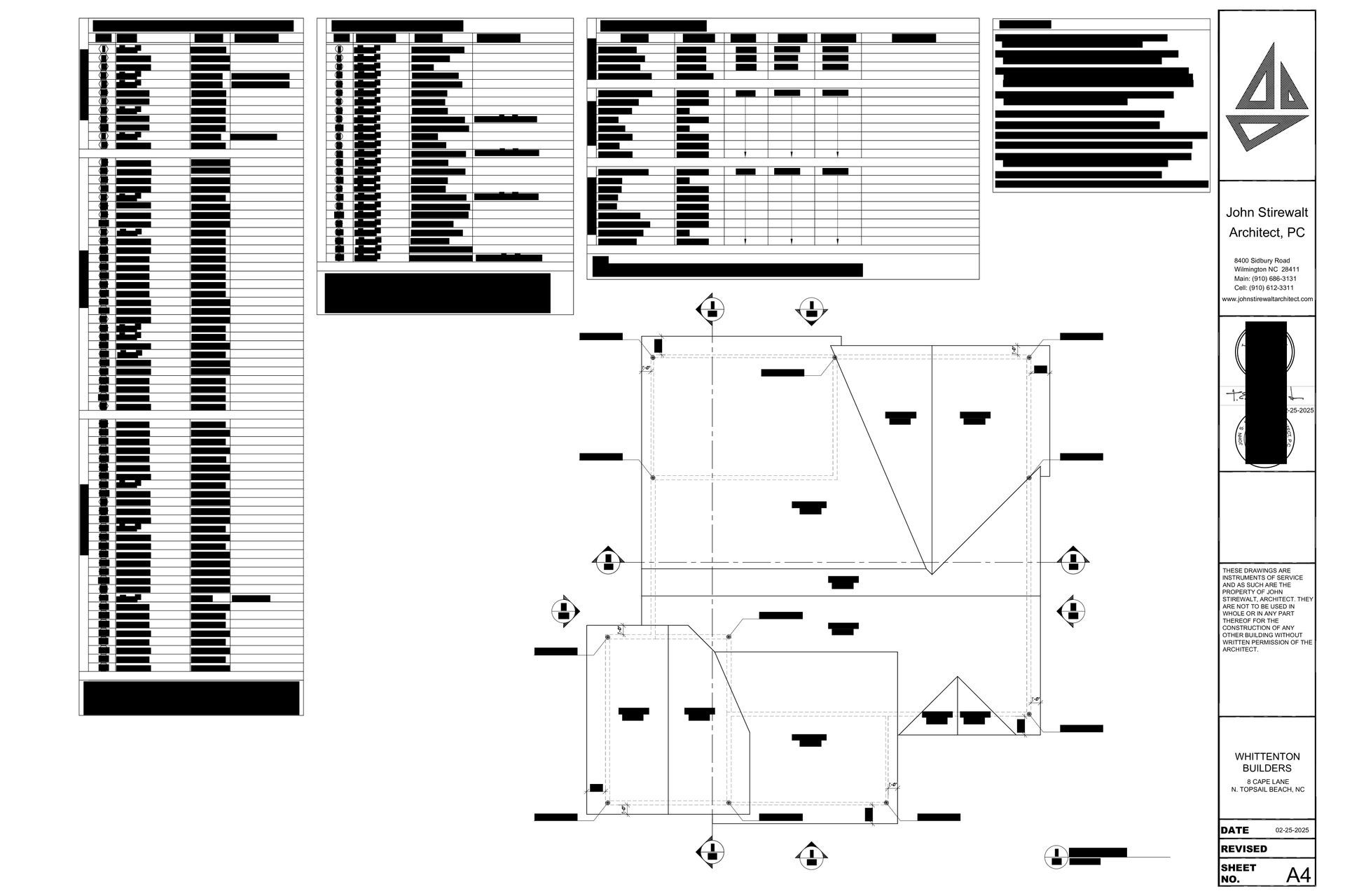 Architectural blueprint showing building layout, dimensions, and technical details with text blocks