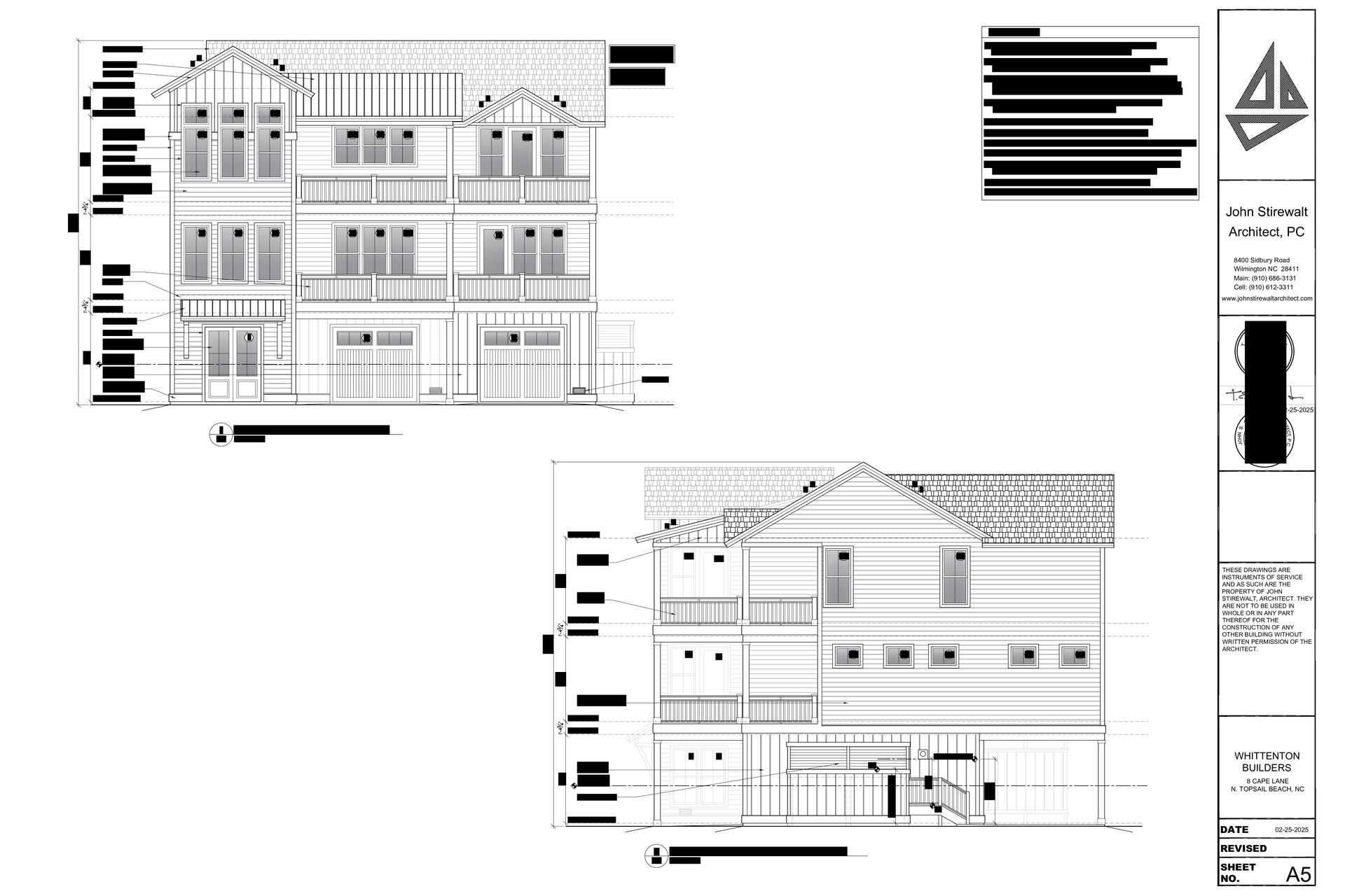 Architectural blueprint: multi-story building front and side elevations with details, including windows, doors, and roof.