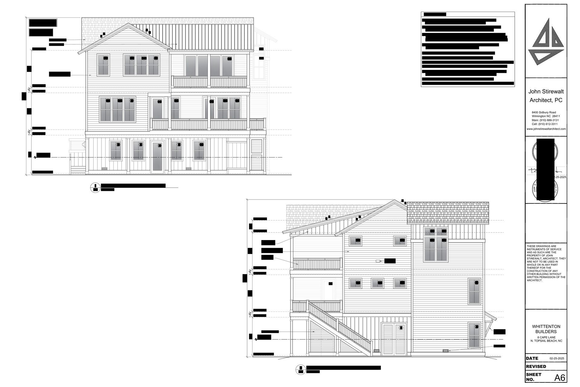 Architectural blueprints of a three-story house with detailed elevations, showing exterior features and dimensions.