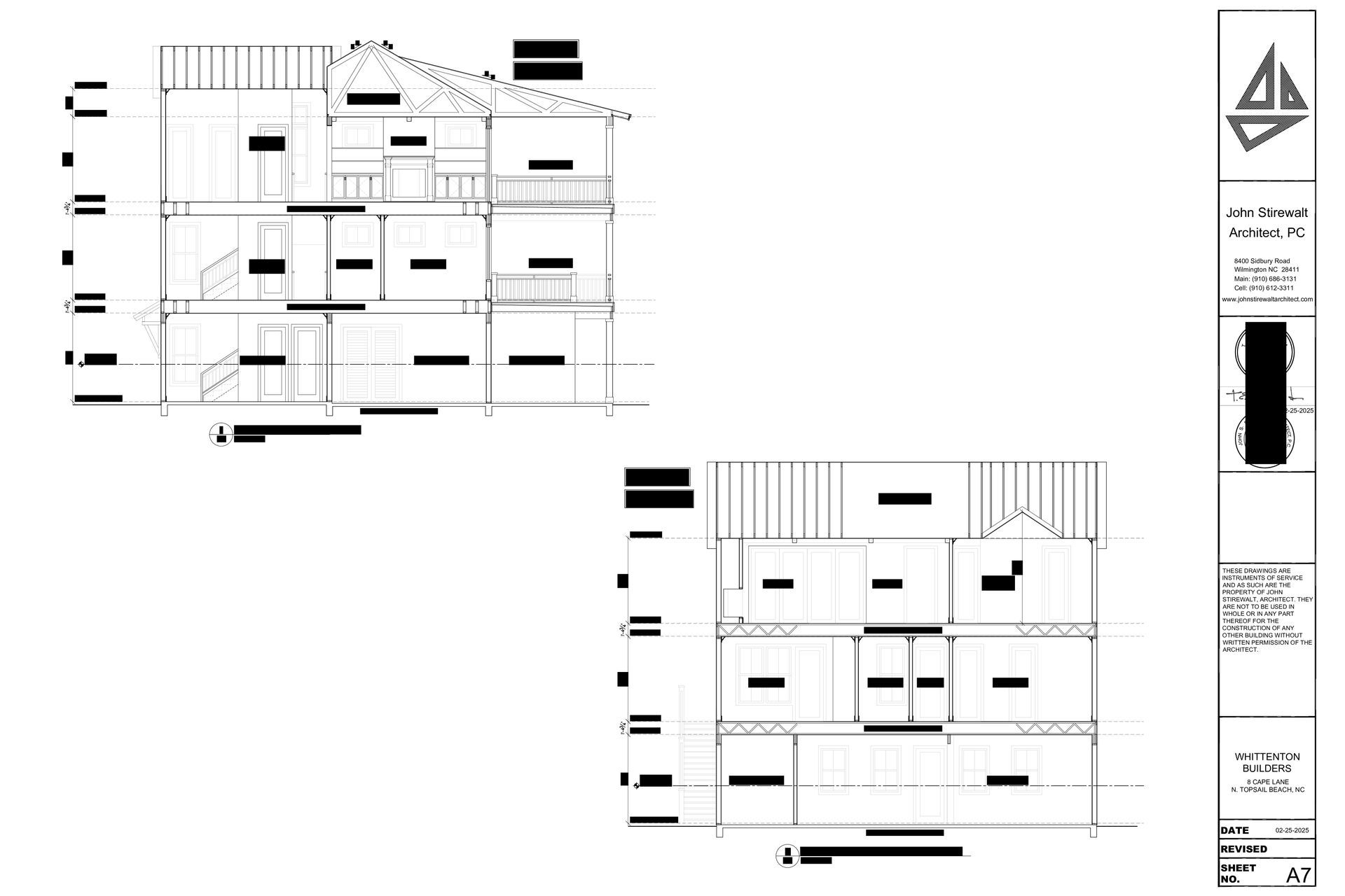 Architectural drawings of a building with two cross-sections. Black and white with details like windows, walls, and stairs.