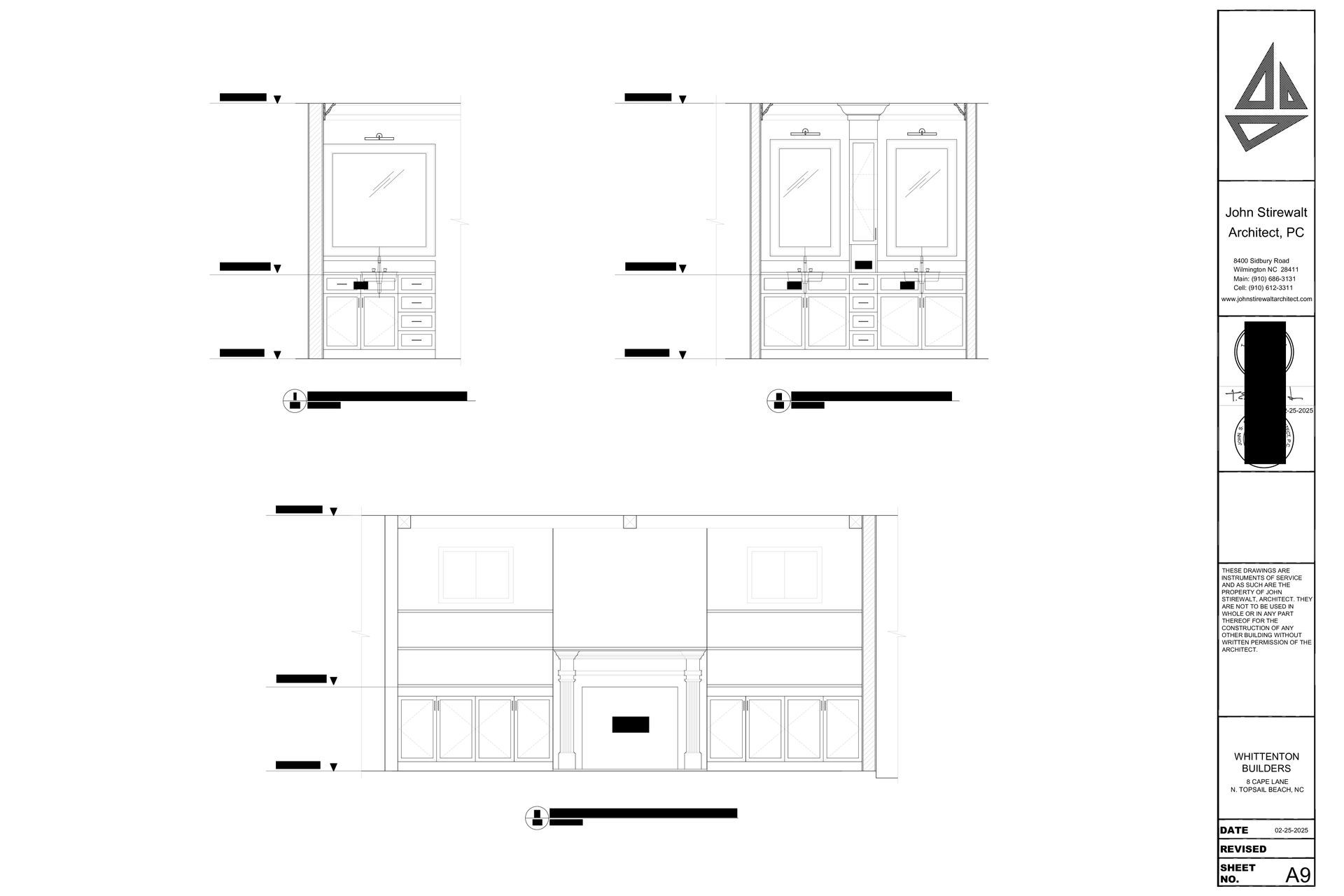 Architectural drawing of three cabinet elevations, labeled and dimensioned.