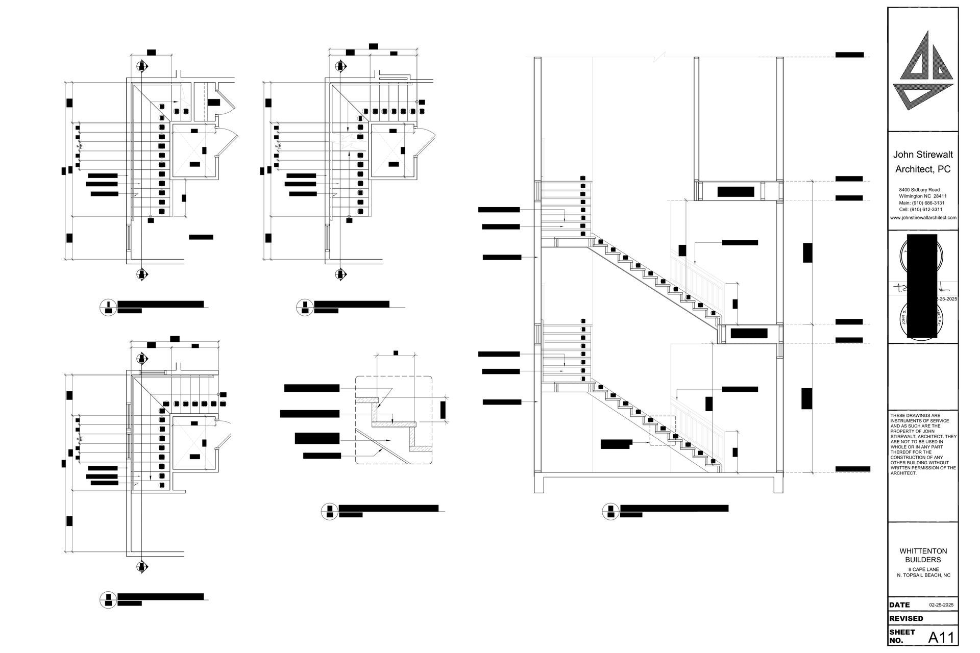 Architectural drawing showing stairs, walls, and building details; black lines on white.