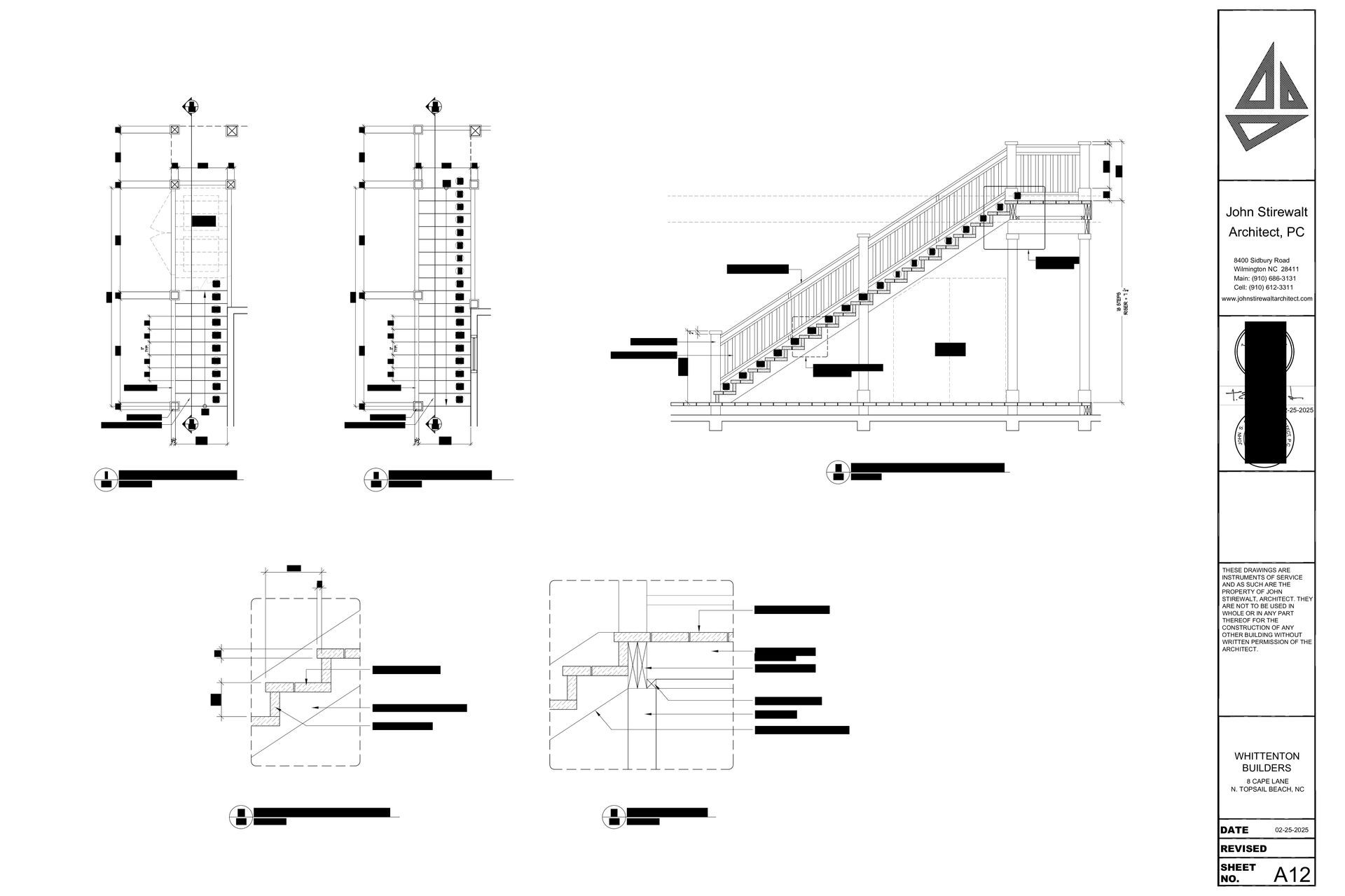 Architectural plan of a staircase with railings, detailed views of construction and dimensions.