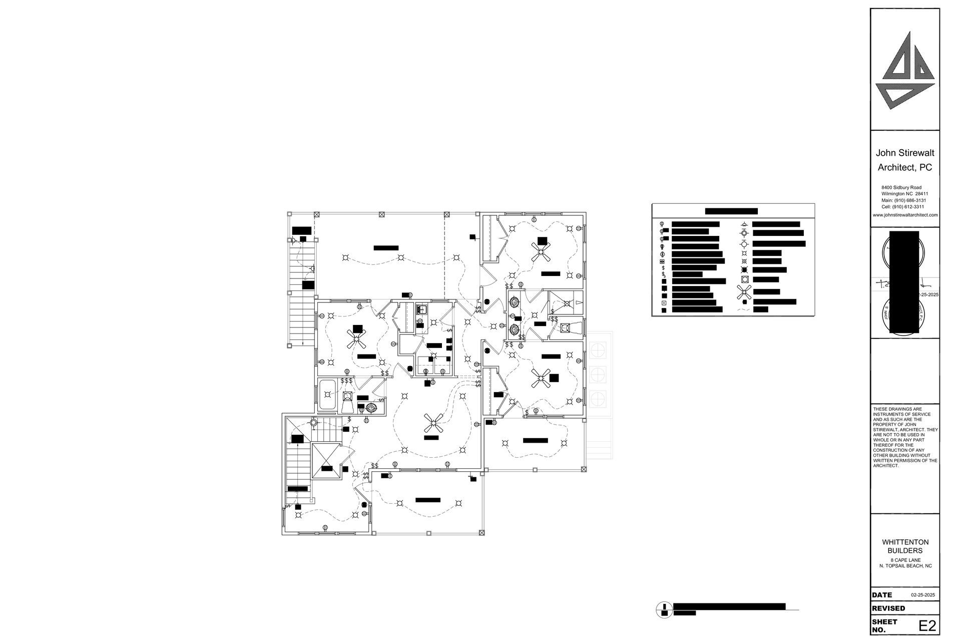 Architectural floor plan of a building, showing layout of rooms, doors, and windows, with details on right side.
