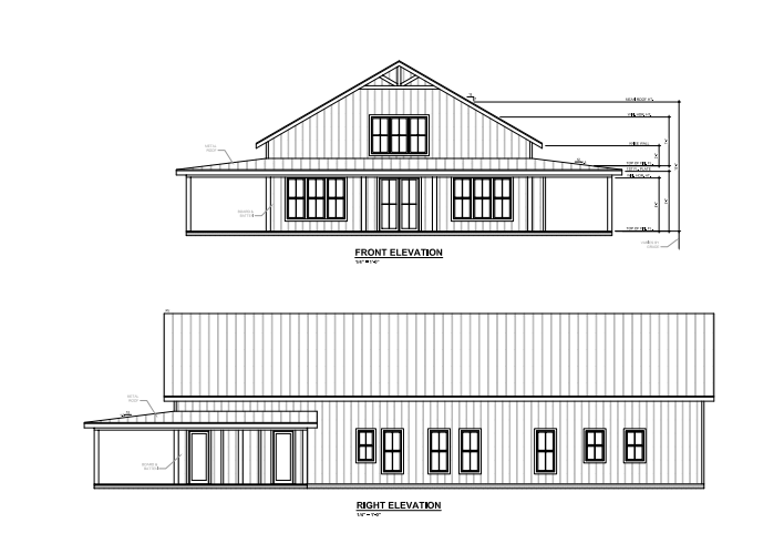 Architectural drawings of a house with a gable roof, featuring front and side elevations.