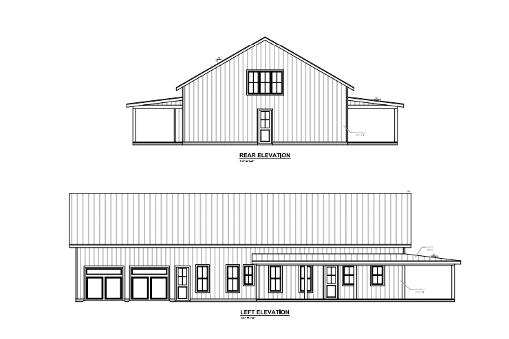Architectural drawing of a building: front and left elevations; vertical siding, gabled roof, porches.