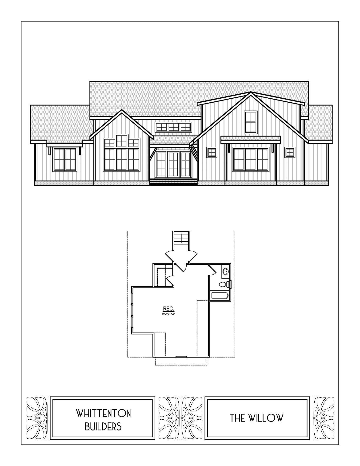 Architectural rendering of a house facade and floor plan, labeled 