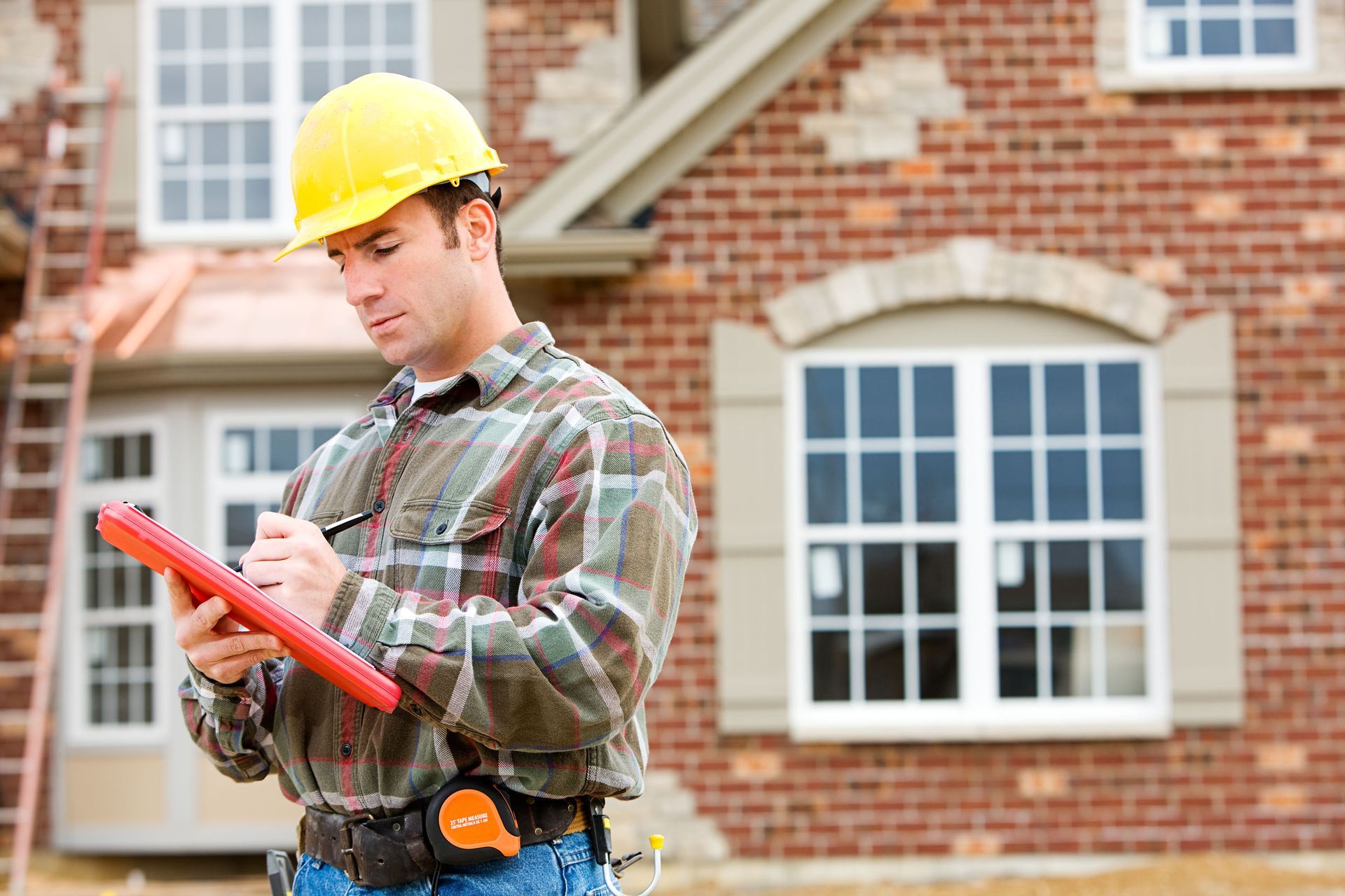 Construction worker in yellow hard hat, inspecting a house and taking notes on a clipboard.