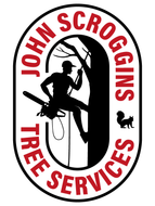 John Scoggins Tree Services logo with a climber silhouette, tree, and red circular text on white background