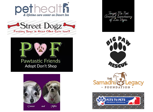 Pet Health & Lifetime Care Center, Street Dogz, Pawtastic Friends, Connor and Millie's Dog Rescue, Forget Me Not Animal Sanctuary of Las Vegas, Big Paw Rescue, The Samadhi Legacy Foundation, Pits to Pets Rescue, Golden Retriever Rescue Southern Nevada, Southern Nevada Animal Rescue League, and Pekes Paws and Tails logos