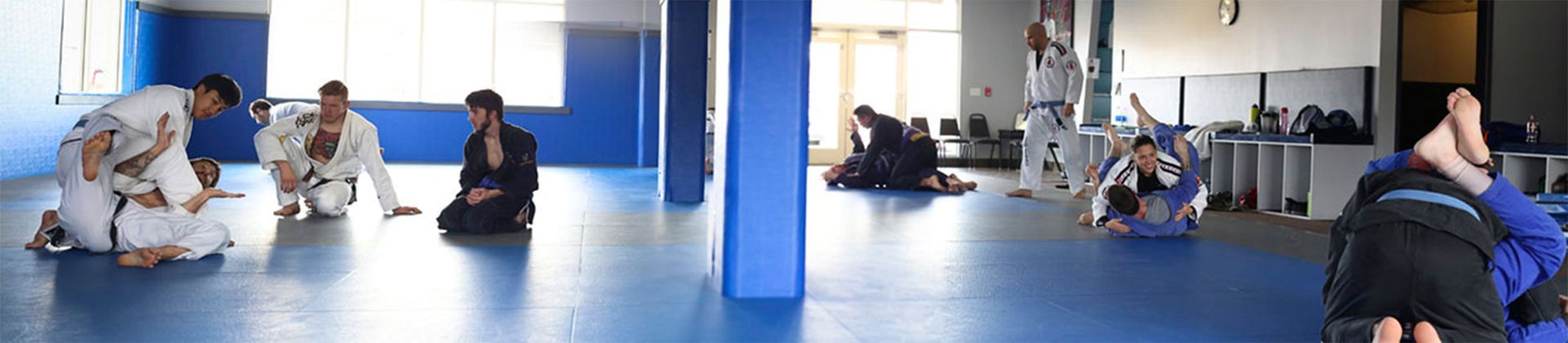 People practicing grappling drills in a blue-and-white martial arts gym